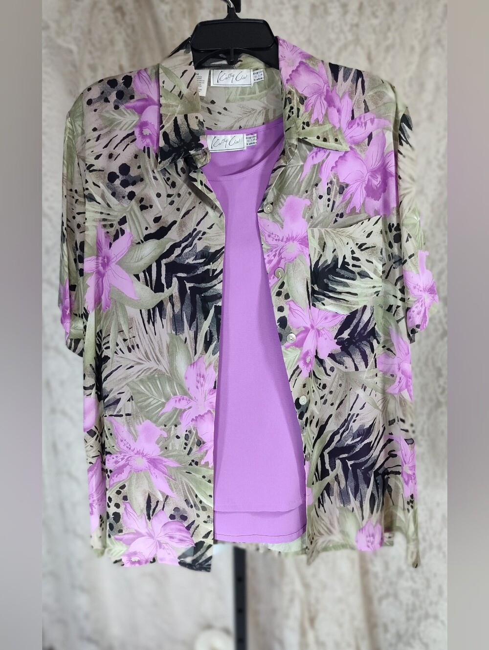 Kathy Che No2-Piece Lavender Floral Button-Up Top Set by (Women)